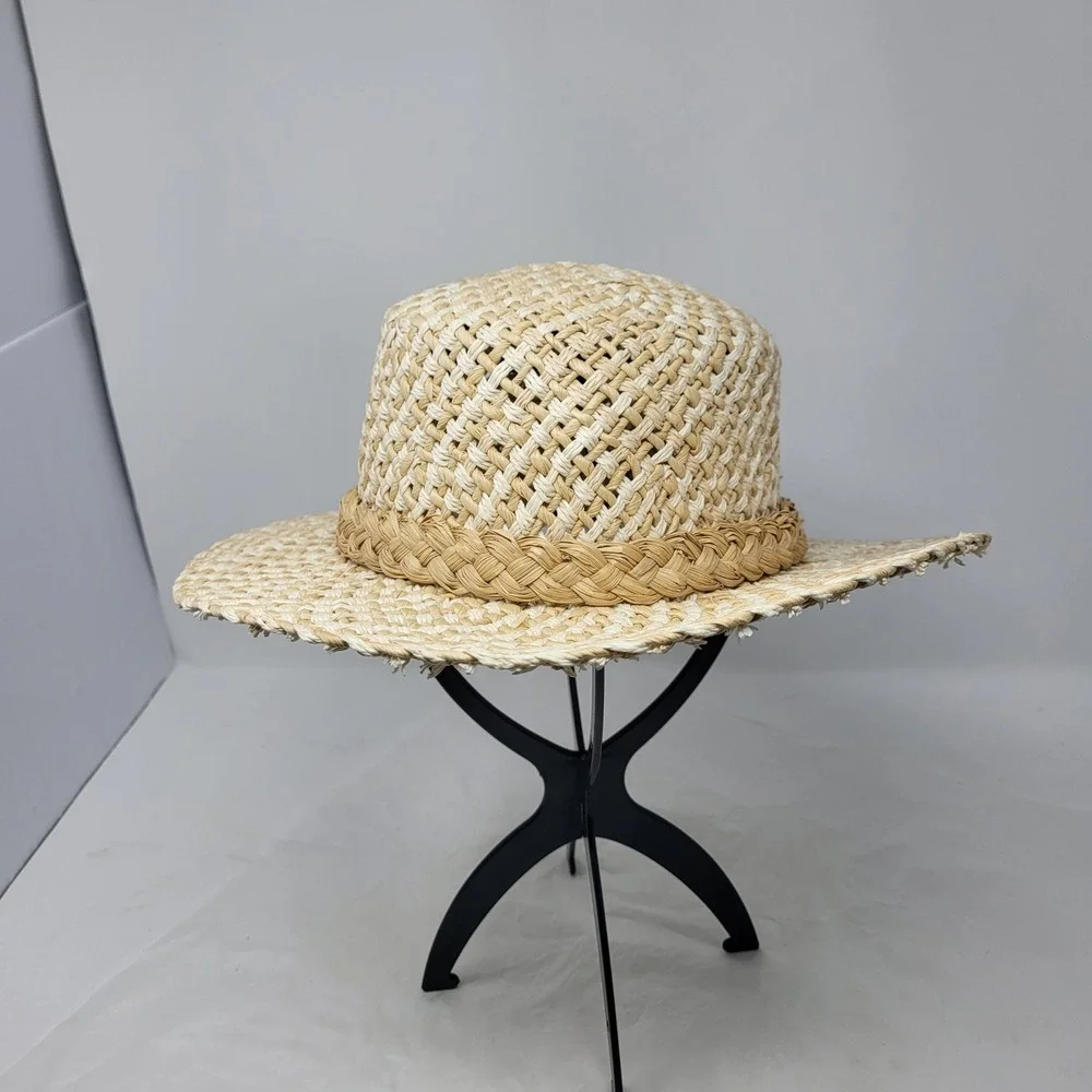 Vtg Cottage Core Straw Weaved Sun Hat Cream Beige Checked‎ Burlap Flower Braided
